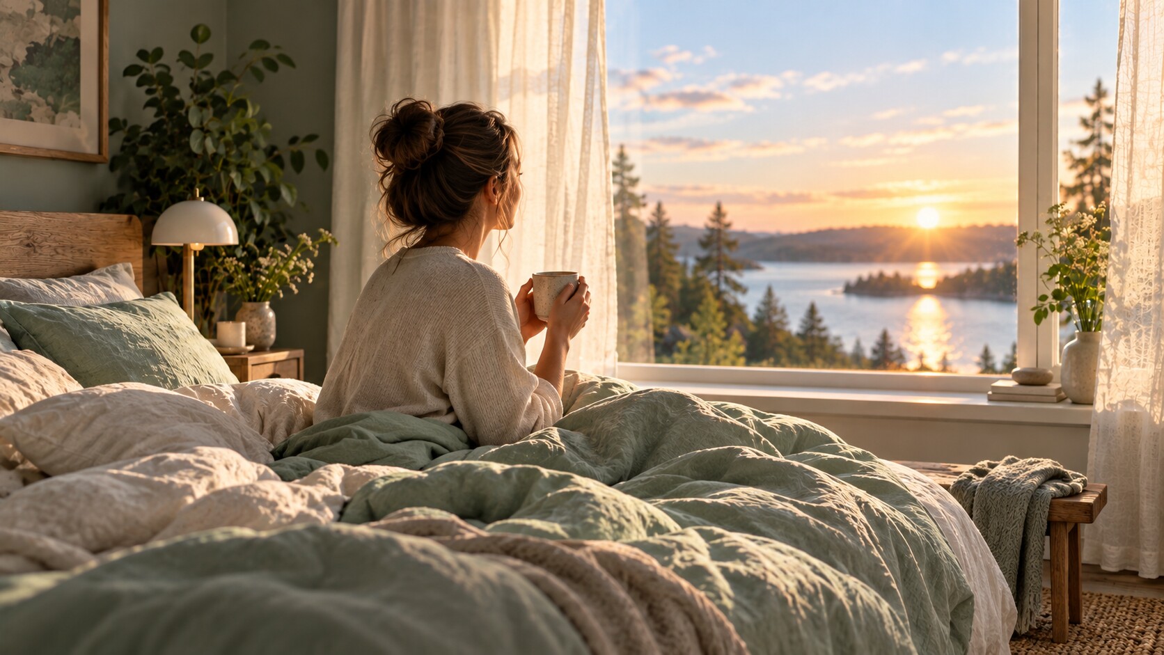 Ett sovrum i morgonljus med utsikt över en sjö.